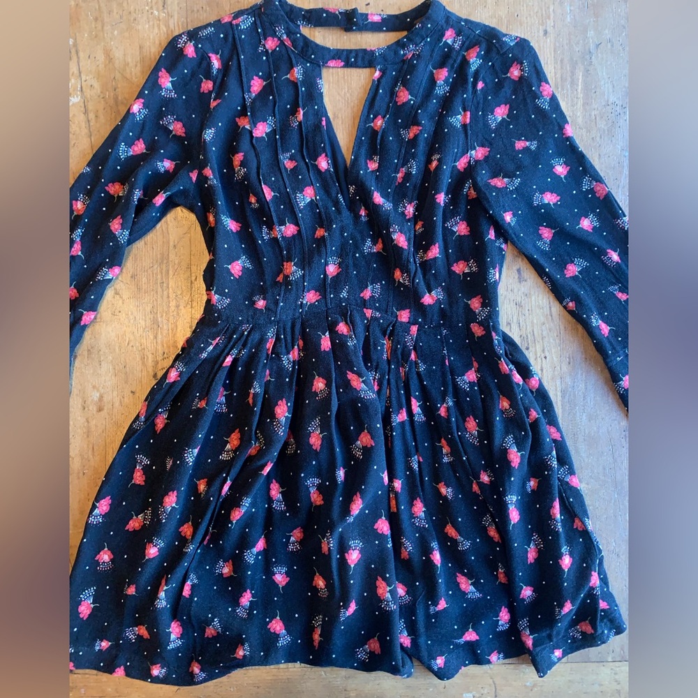 Free People Boho Goth Black Mini Dress with Pink Floral Print